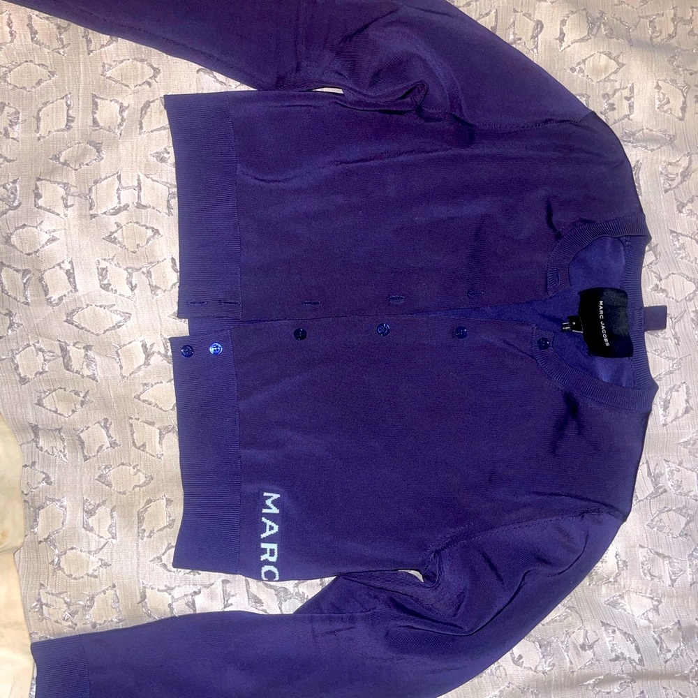 Marc Jacobs rib crewneck blue button up sweater long sleeves, fitted waistband